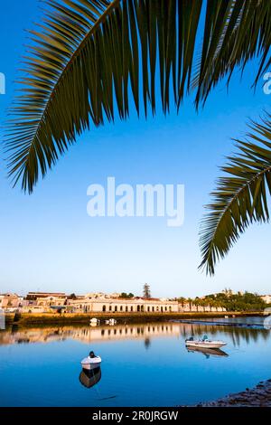 Vista sul Rio Gilao verso il vecchio mercato hall (Mercado da Ribeira), Tavira, Algarve, PORTOGALLO Foto Stock