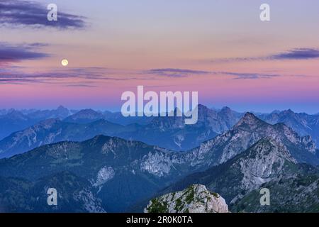 Ora blu con luna piena sopra le Alpi di Allgaeu, le montagne di Tannheim e le Alpi di Ammergau, Ammergauer Hochplatte, le Alpi di Ammergau, Allgaeu orientale, Allgaeu, Swabia Foto Stock