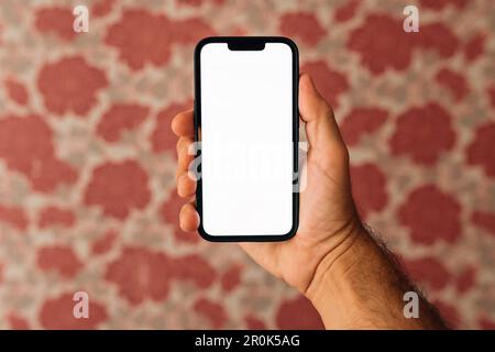 Schermo vuoto del telefono cellulare mockup in mano maschile, uomo che utilizza il dispositivo smartphone in salotto, messa a fuoco selettiva Foto Stock