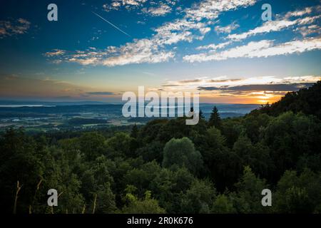 Vista da Gehrenberg al tramonto, Markdorf, Lago di Costanza, Baden-Württemberg, Germania Foto Stock