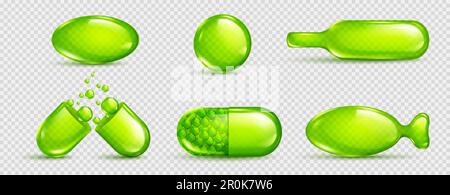 Pillole di vitamina, capsule con olio, medicina liquida, gel o collagene. Capsule verdi chiare diverse forme, integratori alimentari e farmaci, set realistico vettore isolato su sfondo trasparente Illustrazione Vettoriale