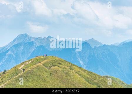 Escursioni a Fellhorn Ridge, Mountain Panorama, sentieri escursionistici, Estate, Oberstdorf, Oberallgaeu, Germania Foto Stock