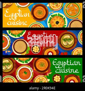 Striscioni cucina egiziana pasti. Zuppa di corbasi di Harira Ramadan e Balik, zuppe di hummus bi Kawareh, zuppe di fasl e Marka AB Ghooshte, insalata di melanzane di Zaalouk, im Illustrazione Vettoriale