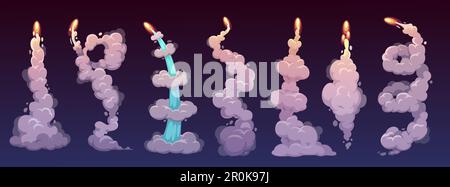 Sentieri di fumo razzo cartoon con fuoco vettoriale e nuvole. Razzo spaziale, navicella spaziale o navetta lanciano gli effetti di movimento velocità con vapore o vapori di condensa, boost contrails e linee di scarico Illustrazione Vettoriale