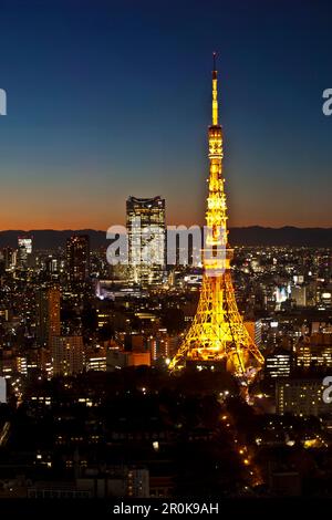 Colline di Roppongi e Torre di Tokyo dopo il tramonto visto dal World Trade Center Building, Hamamatsucho, Minato-ku, Tokyo, Giappone Foto Stock