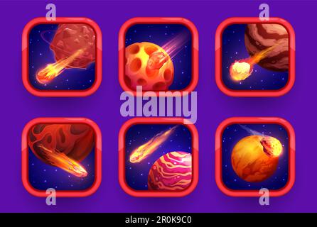 Icone di app per giochi di spazio Cartoon, pianeti rossi e comete di fuoco in cornici quadrate arrotondate. Icone dell'interfaccia utente Vector o gui per l'archivio di applicazioni mobili con Illustrazione Vettoriale