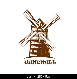 Simbolo del mulino a vento. Panificio o panificio, produzione di farina o azienda agricola simbolo con mulino a vento rurale o di campagna. Agenzia viaggi Europa Illustrazione Vettoriale