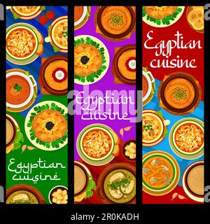 Cucina egiziana ristorante pasti striscioni. Insalata di melanzane di Zaalouk, zuppa di pesce Harira Ramadan e Balik corbasi, fagiolini di purea di Bissara, pane Kesra Illustrazione Vettoriale