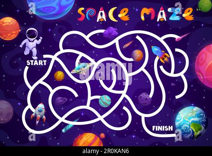 Labirinto spazio gioco. Pianeti di galassia, asteroidi e astronauta nello spazio esterno. Bambini labirinto quiz, trovare modo vettore indovinello o ricerca percorso di lavoro Illustrazione Vettoriale