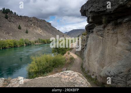 Roxburgh Gorge Trail, e il fiume Clutha, vicino Alexandra, Otago, South Island, Nuova Zelanda Foto Stock