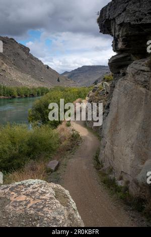 Roxburgh Gorge Trail, e il fiume Clutha, vicino Alexandra, Otago, South Island, Nuova Zelanda Foto Stock