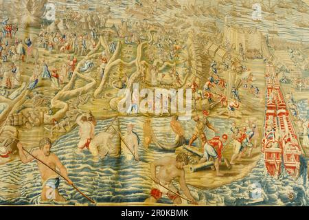 Arazzo, Salon de los Tapices y capilla, Palacio Gotico, Real Alcazar, Palazzo reale, Patrimonio Mondiale dell'UNESCO, Siviglia, Andalusia, Spagna, Europa Foto Stock