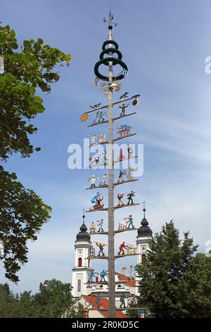 May pole e il monastero di Irsee, vicino a Kaufbeuren, Allgaeu orientale, Allgaeu, Swabia, Baviera, Germania Foto Stock