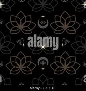 Fiori di loto e simboli esoterici luna stelle dorate senza cuciture motivo su sfondo nero. Stampa vettoriale Illustrazione Vettoriale