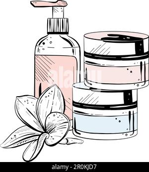 Illustrazione vettoriale di un set di contenitori su sfondo bianco. Contorno nero di vasetti di crema viso, dispenser di sapone liquido e fiore magnolia Illustrazione Vettoriale