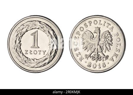 Una moneta zloty Polonia moneta isolato su sfondo bianco. Foto Stock