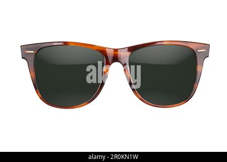 Occhiali da sole in plastica marrone isolati su sfondo bianco. Vista frontale. Foto Stock