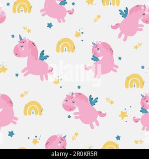 Modello unicorno senza giunture. Cartoni animati vettoriali simpatici personaggi in semplice stile scandinavo infantile disegnato a mano. Illustrazione Vettoriale