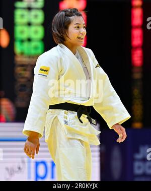 Doha. 8th maggio, 2023. ABE Uta del Giappone reagisce durante la finale di categoria femminile 52kg contro Diyora Keldiyorova dell'Uzbekistan ai Campionati Mondiali di Judo Doha 2023 a Doha, Qatar, il 8 maggio 2023. Credit: Nikku/Xinhua/Alamy Live News Foto Stock