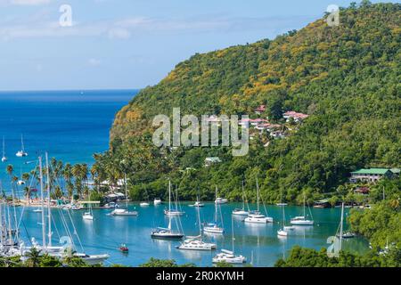 Marigot Bay con yacht a vela, Castries, St Lucia, Caraibi, Indie Occidentali Foto Stock