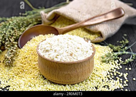 Il miglio si sfalda in una ciotola, si scava sul tavolo, in un cucchiaio e in un sacchetto di tela, gambi con orecchie di miglio sullo sfondo di legno scuro Foto Stock