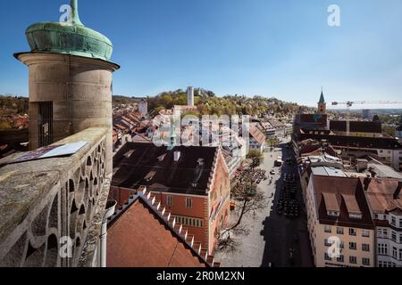 Vista sul centro storico con la Torre Mehlsack e il Castello di Veits, Ravensburg, Baden-Wuerttemberg, Germania Foto Stock