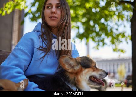 Ritratto di una giovane donna carina seduta con Pembroke gallese Corgi cane su una panchina nel centro della città Foto Stock