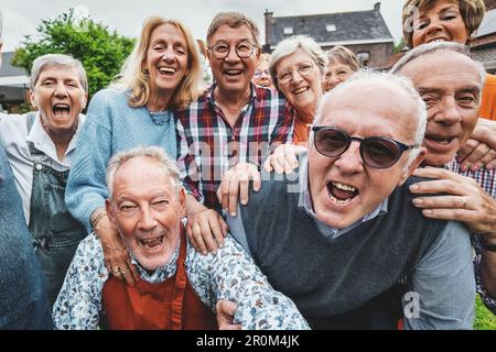 Un vivace gruppo di oltre 65 amici si è riunito in una casa di campagna, ridendo e gridando insieme mentre prendono un selfie di gruppo gioioso. Foto Stock