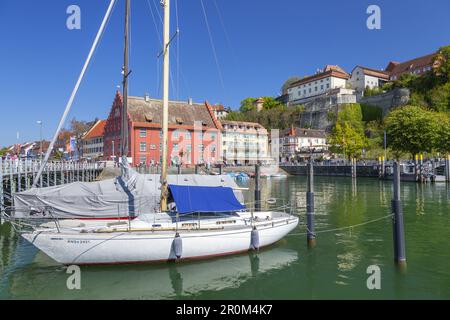 Porto e centro storico di Meersburg sul lago di Costanza, Baden, Baden-Wuerttemberg, Germania meridionale, Europa centrale, Europa Foto Stock