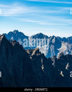 Splendidi alti Tatra con le cime più alte di Vysoka e Rysy - vista dal passo del monte Sedielko che divide Mala Studena dolina e Javorova dolina Foto Stock