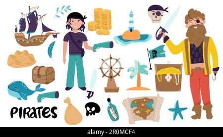 Collezione di adorabili pirati, navi a vela, sirene, pesci di mare e creature sottomarine, scrigno del tesoro, faro isolato su sfondo bianco. Bambino Illustrazione Vettoriale