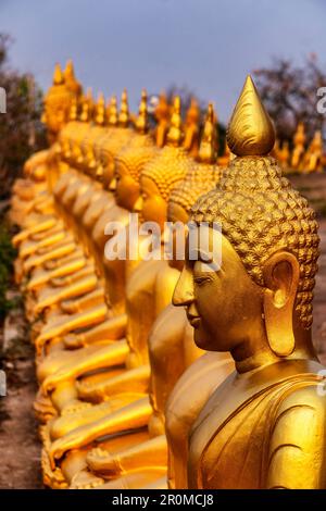 Statue dorate del Buddha, Wat Phu Salao, Champasak, Pakse, Laos Foto Stock