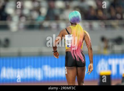 Shelly-Ann Fraser-Pryce ha eseguito la 100m ai Campionati mondiali di atletica leggera 2019 di Doha. Foto Stock