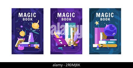 Poster o volantini magici piatti. Mucchi di letteratura con cover colorate e palla magica. Antica fonte di conoscenza. Lettore club, libreria o concetto di hobby lettura. Illustrazione Vettoriale
