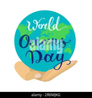 Banner della Giornata Mondiale dell'Oceano con la Terra in mano umana. Vettore Illustrazione Vettoriale