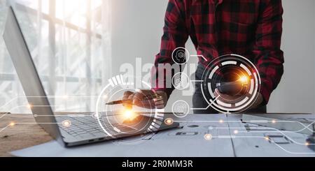 Building Information Modeling Technology Concept, Engineer che lavora sulla scrivania dell'ufficio con l'icona sullo schermo vr, Industry Construction, Architect Designer Foto Stock
