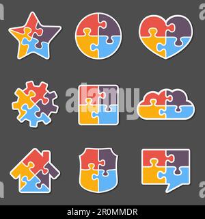 Set di diversi oggetti puzzle con quattro pezzi, vettore eps10 illustrazione Illustrazione Vettoriale