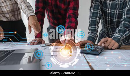 Building Information Modeling Technology Concept, team di ingegneri che lavorano sulla scrivania dell'ufficio con l'icona sullo schermo vr, Industry Construction, Architect Foto Stock