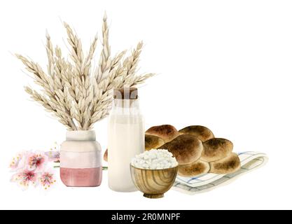 Modello per banner Shavuot in acquerello. Rustico pic-nic fattoria, barbecue. Grano, challah, formaggio casolare, latte, fiori Foto Stock
