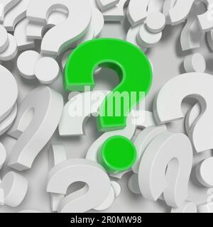 Una grande pila di simboli di punti interrogativi bianchi ed evidenziarne uno rosso in alto. Illustrazione 3D Foto Stock