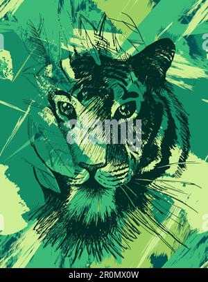 Tigre grunge sotto le foglie. Gatto selvatico vintage nella giungla. Animale tropicale retrò. Vettore Illustrazione Vettoriale