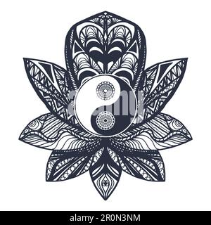 Yin e Yang vintage in Mandala Lotus. Tao simbolo per stampa, tatuaggio, libro da colorare, tessuto, t-shirt, yoga, henné, stoffa in stile boho. Mehndi, occulto A. Illustrazione Vettoriale