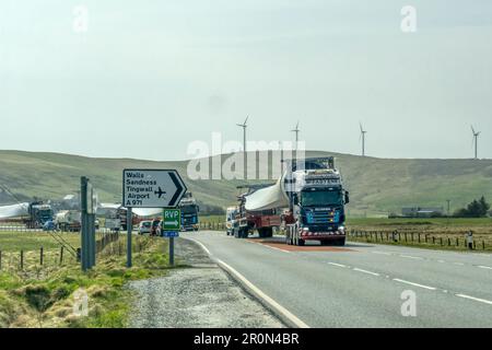 Un convoglio lento di pale di turbine eoliche che viaggiano attraverso il continente Shetland per la costruzione del parco eolico vichingo. Foto Stock