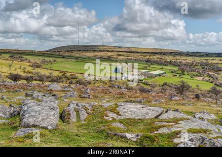 Un paesaggio da Tregarrick Tor a alberi di Caradon sopra aspre brughiera e terreni agricoli in primavera. Erba verde e bracken rustset colorano il paesaggio. Foto Stock