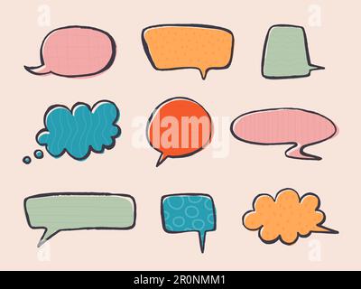 Simpatici dialoghi multicolore e bolle di pensiero in forme diverse. Illustrazione di cartoni animati isolati da vettori per la progettazione. Illustrazione Vettoriale