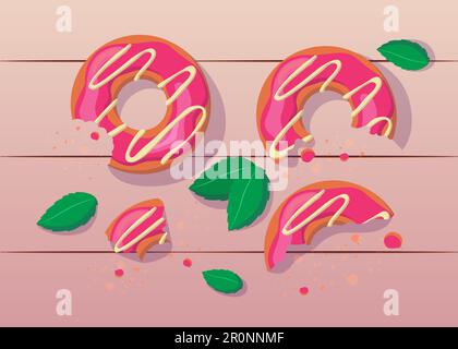 Ciambelle rosa mordente e metà mangiate con l'illustrazione bianca della glassa Illustrazione Vettoriale
