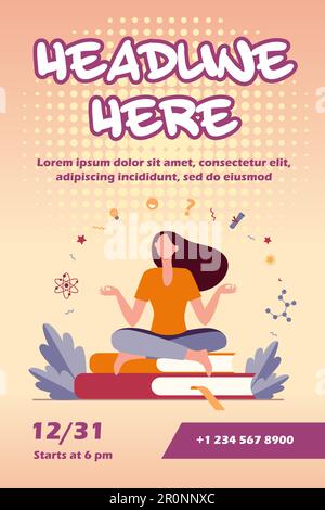 Donna seduta e meditante su un mucchio di libri Illustrazione Vettoriale