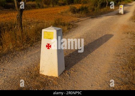 Navarra, Spagna, 26 agosto 2022: Conchiglia di capesante gialla, simbolo turistico del Camino de Santiago che mostra la direzione su Camino Norte in Spagna. Colonne Foto Stock