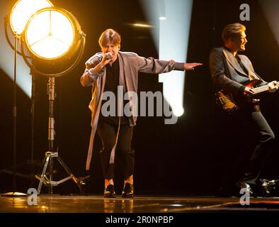 Liverpool, Regno Unito. 8 maggio 2023. Sudden Lights prova per la Lettonia con la canzone Aija, all'arena di Liverpool Foto Stock