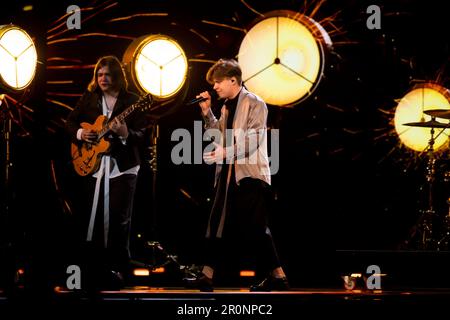 Liverpool, Regno Unito. 8 maggio 2023. Sudden Lights prova per la Lettonia con la canzone Aija, all'arena di Liverpool Foto Stock